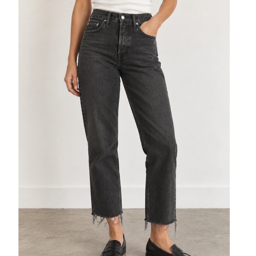 GRLFRND Helena Jeans Size 25 Black High Rise Straight Leg Raw Hem Cropped Denim
